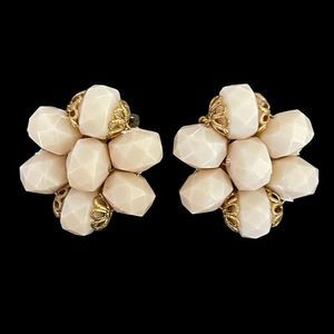 West Germany Blush Faceted Bead Clip On Vintage Earrings Signed